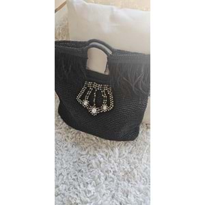 Siyah Kral Tacı Desenli Taşlı ve Tüylü Çanta