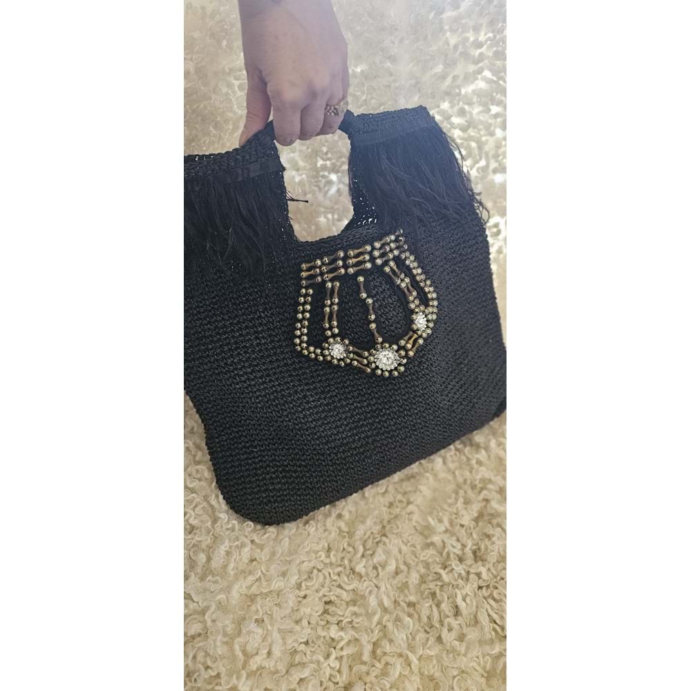 Siyah Kral Tacı Desenli Taşlı ve Tüylü Çanta