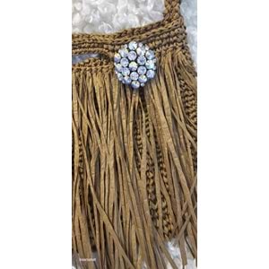 Kahverengi Taş Süslemeli El Örgüsü Püsküllü Çanta