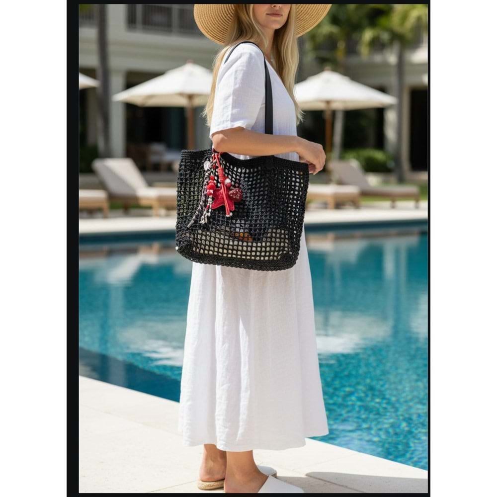 Çİft Deri Saplı Kırmızı Süslü Siyah File Çanta