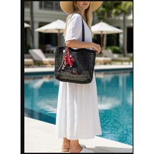 Çİft Deri Saplı Kırmızı Süslü Siyah File Çanta