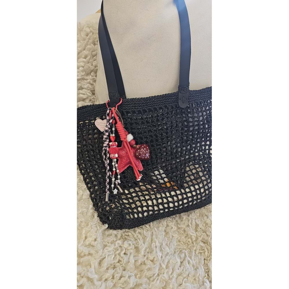 Çİft Deri Saplı Kırmızı Süslü Siyah File Çanta