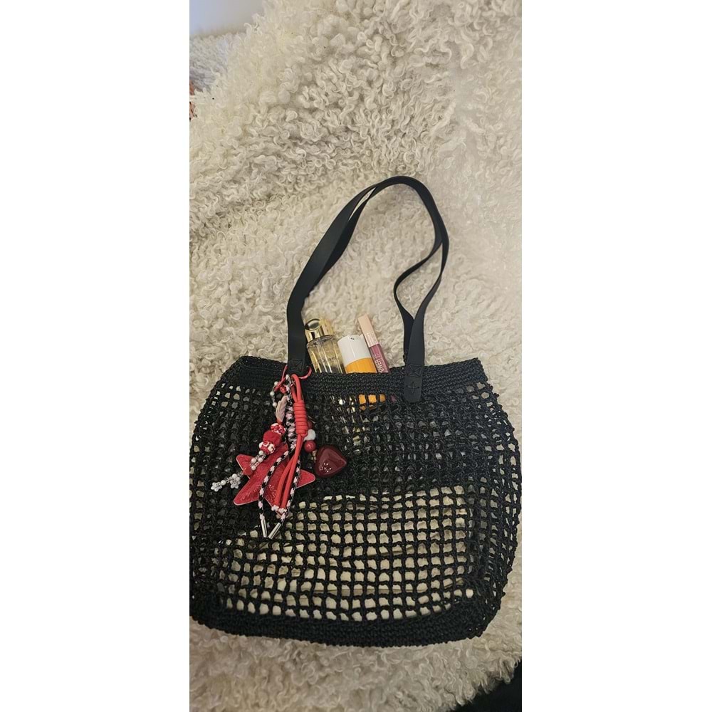 Çİft Deri Saplı Kırmızı Süslü Siyah File Çanta